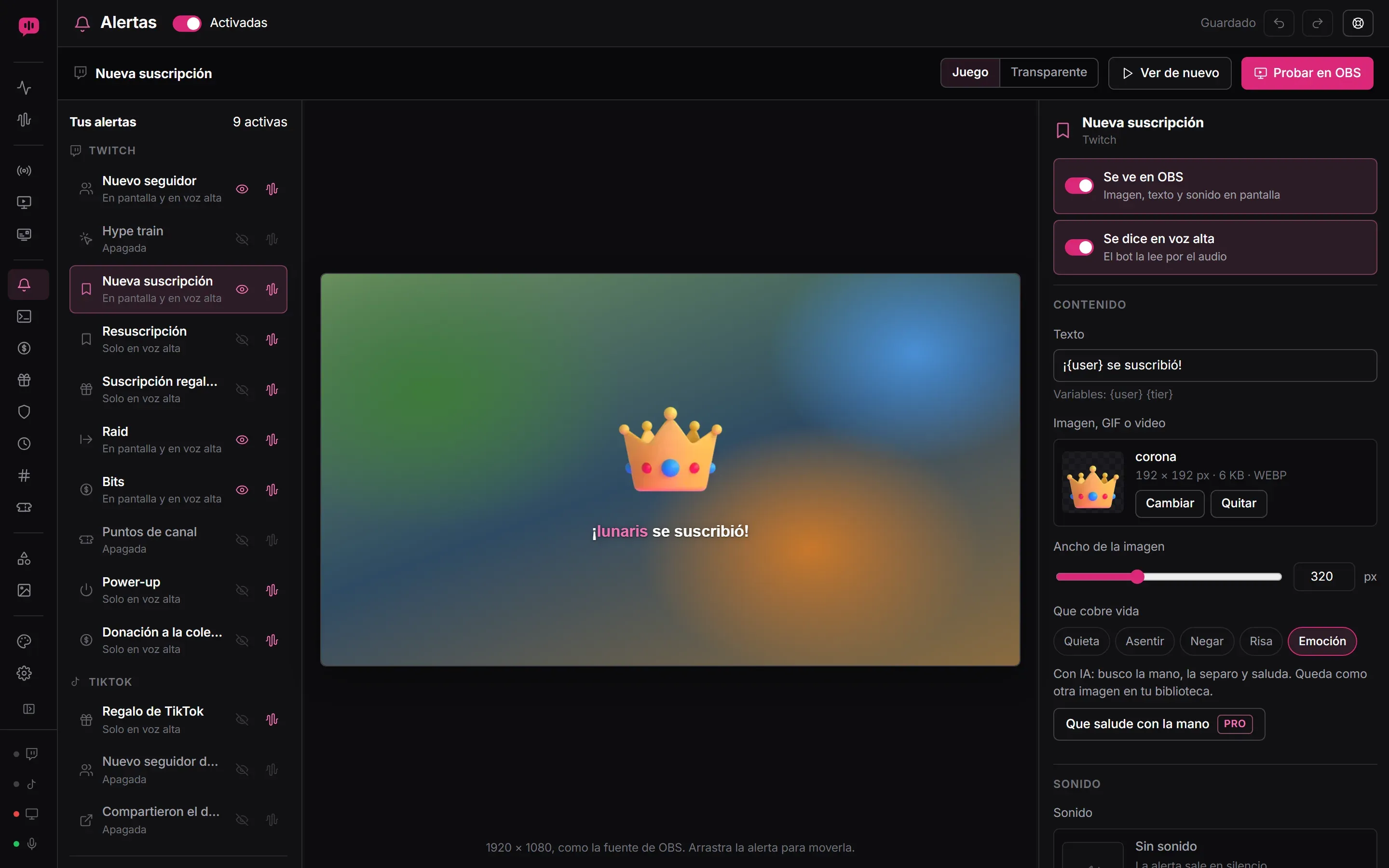El editor de alertas de Lauxi Studio: la lista de alertas de Twitch y TikTok a la izquierda y, a la derecha, el lienzo de 1920 por 1080 con una alerta de suscripción