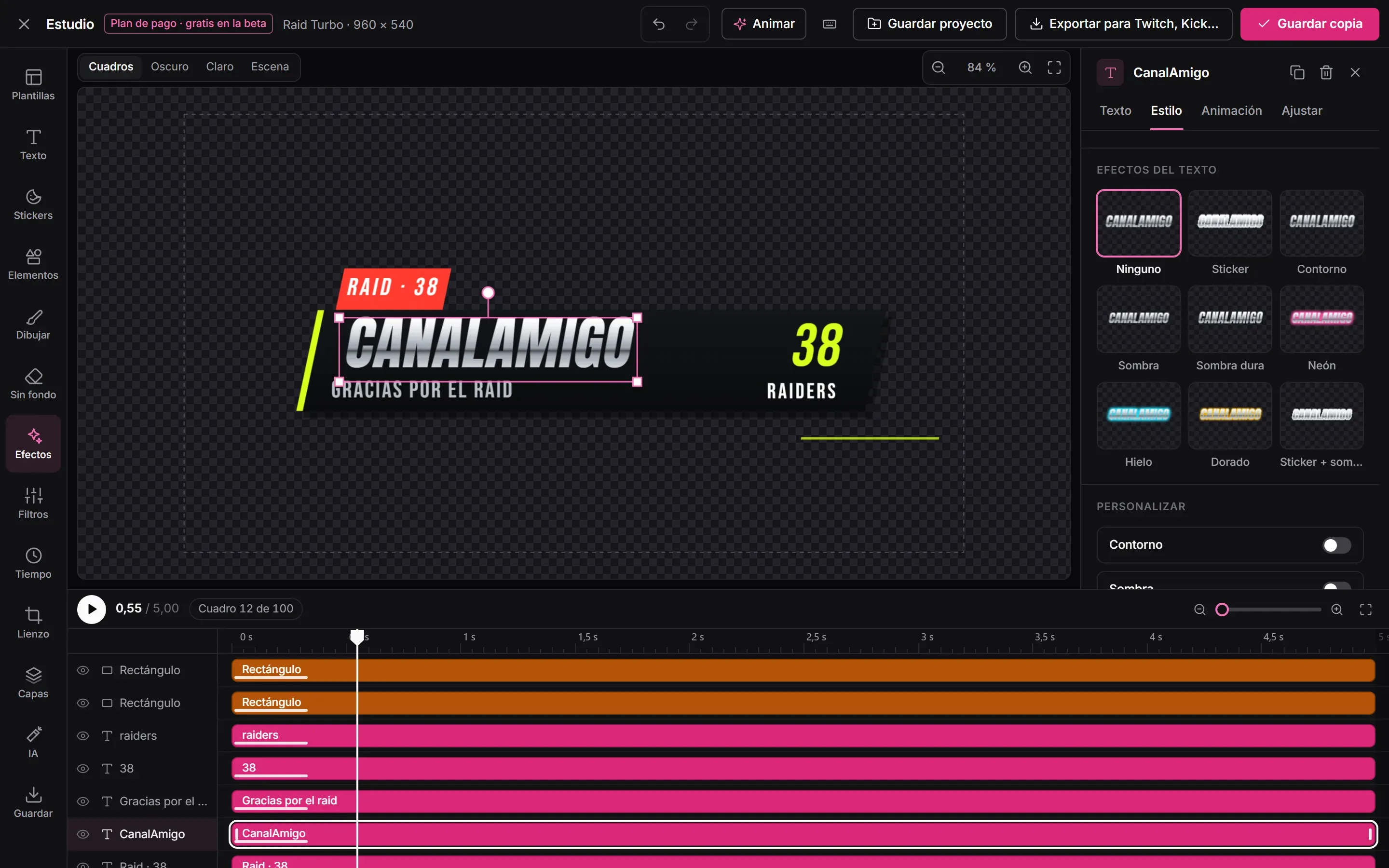El Estudio con la alerta de raid del pack Turbo y el texto «CanalAmigo» elegido, que el panel muestra con cada efecto: ninguno, sticker, contorno, sombra, sombra dura, neón, hielo, dorado y sticker con sombra