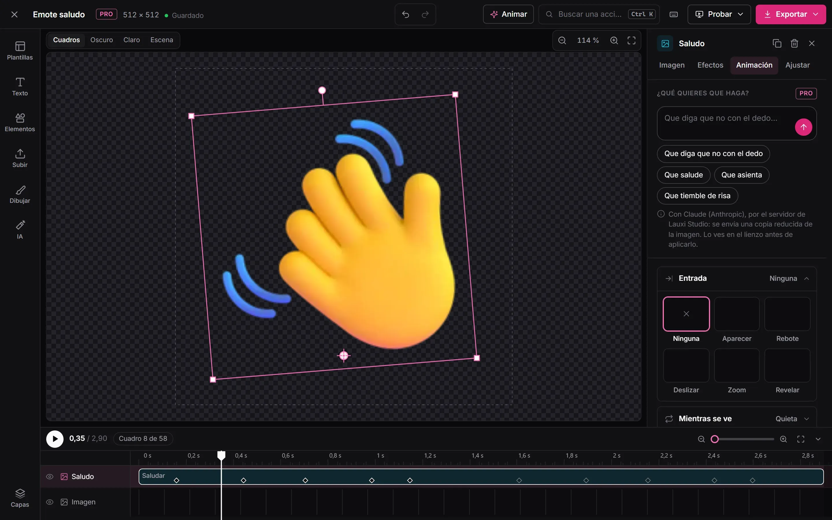 El Estudio de Lauxi Studio animando una mano que saluda: el lienzo con la mano girada sobre su punto de giro y, a la derecha, la pestaña Animación con la caja ¿Qué quieres que haga? y sus ejemplos