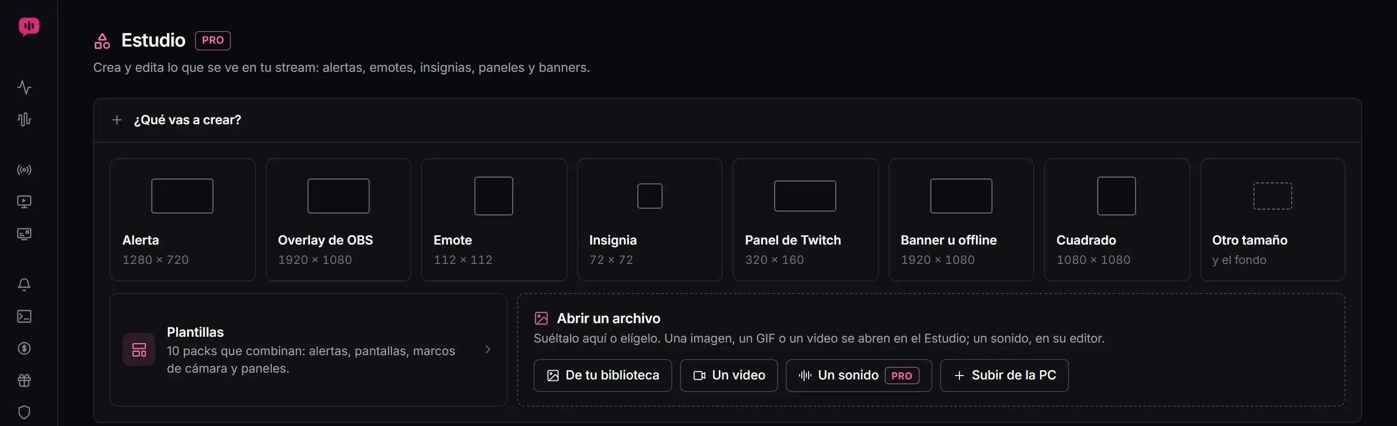 El inicio del Estudio de Lauxi Studio: ¿Qué vas a crear?, con Alerta, Overlay de OBS, Emote, Insignia de 72 por 72, Panel de Twitch, Banner u offline, Cuadrado y Otro tamaño
