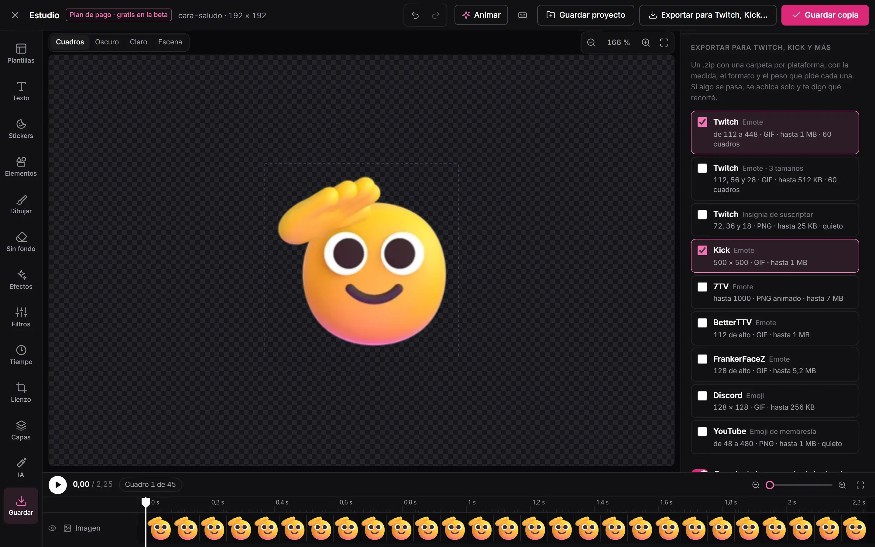El Estudio con un emote de una cara que saluda y el panel «Exportar para Twitch, Kick y más», con Twitch y Kick marcados y la medida, el formato y el peso de cada plataforma