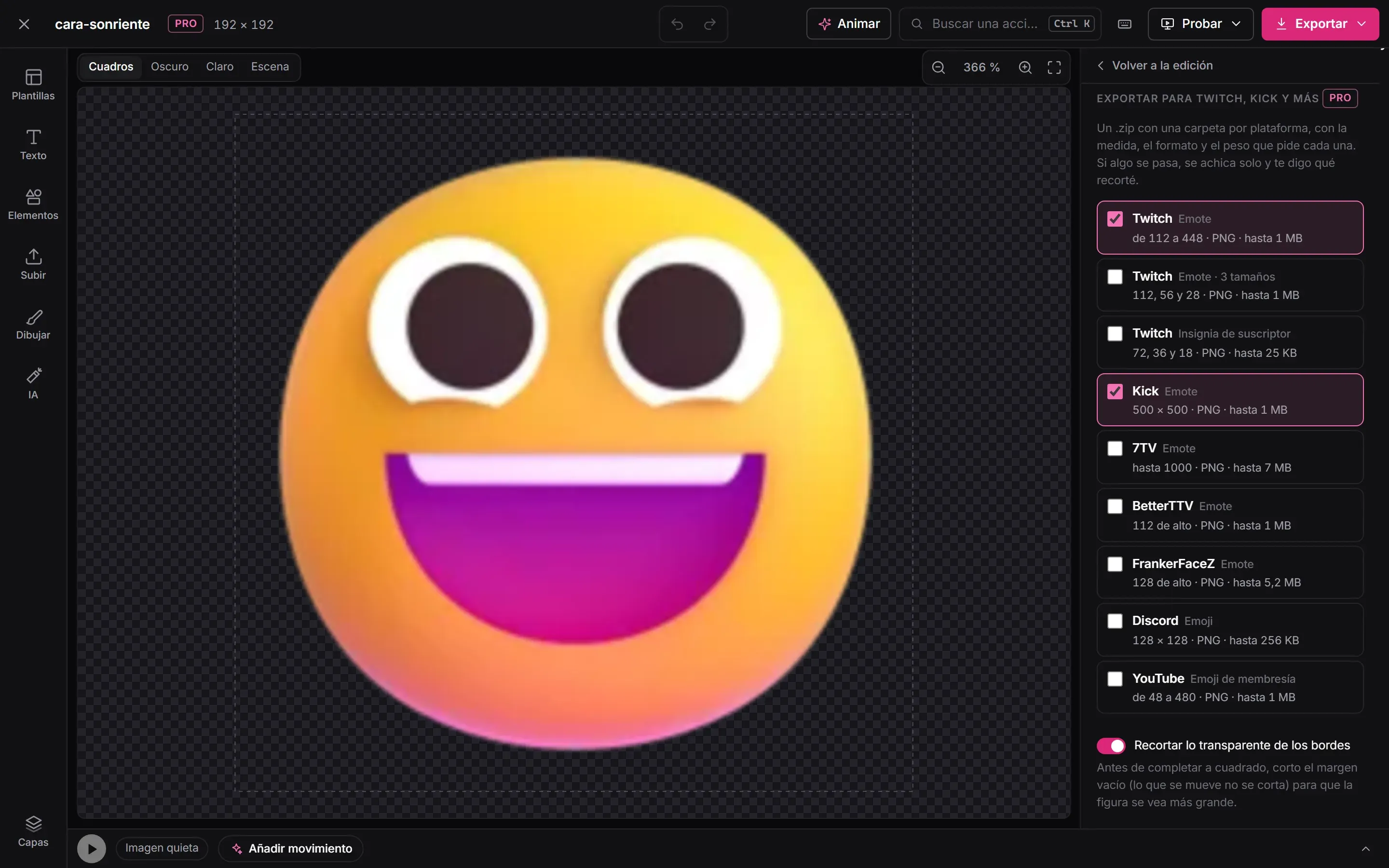 El panel Exportar para Twitch, Kick y más del Estudio, con la casilla Twitch Insignia de suscriptor de 72, 36 y 18 en PNG de hasta 25 KB, entre las demás plataformas