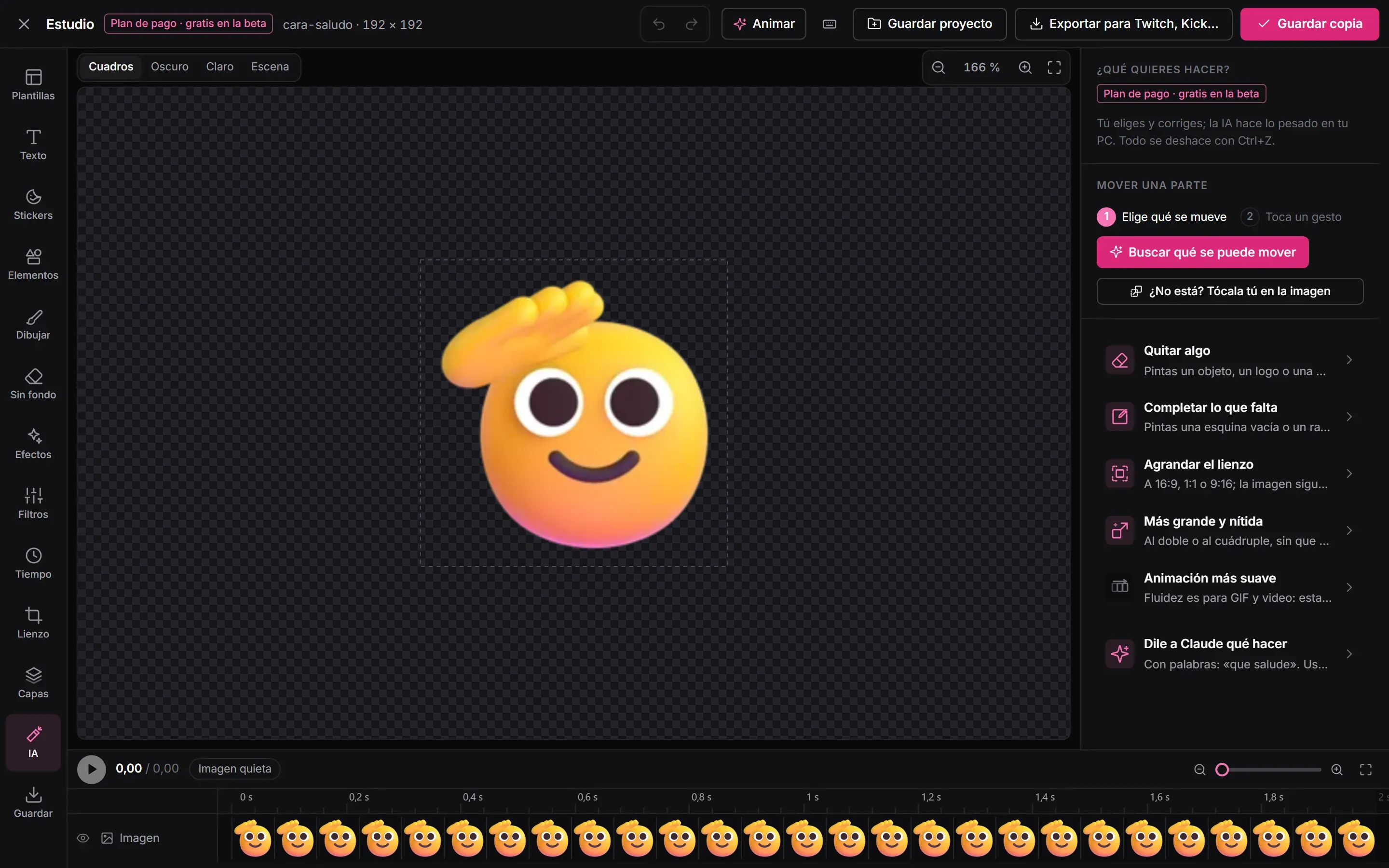 El panel de IA del Estudio sobre un emote de una cara que saluda: «¿Qué quieres hacer?», con Mover una parte arriba y debajo Quitar algo, Completar lo que falta, Agrandar el lienzo, Más grande y nítida, Animación más suave y Dile a Claude qué hacer