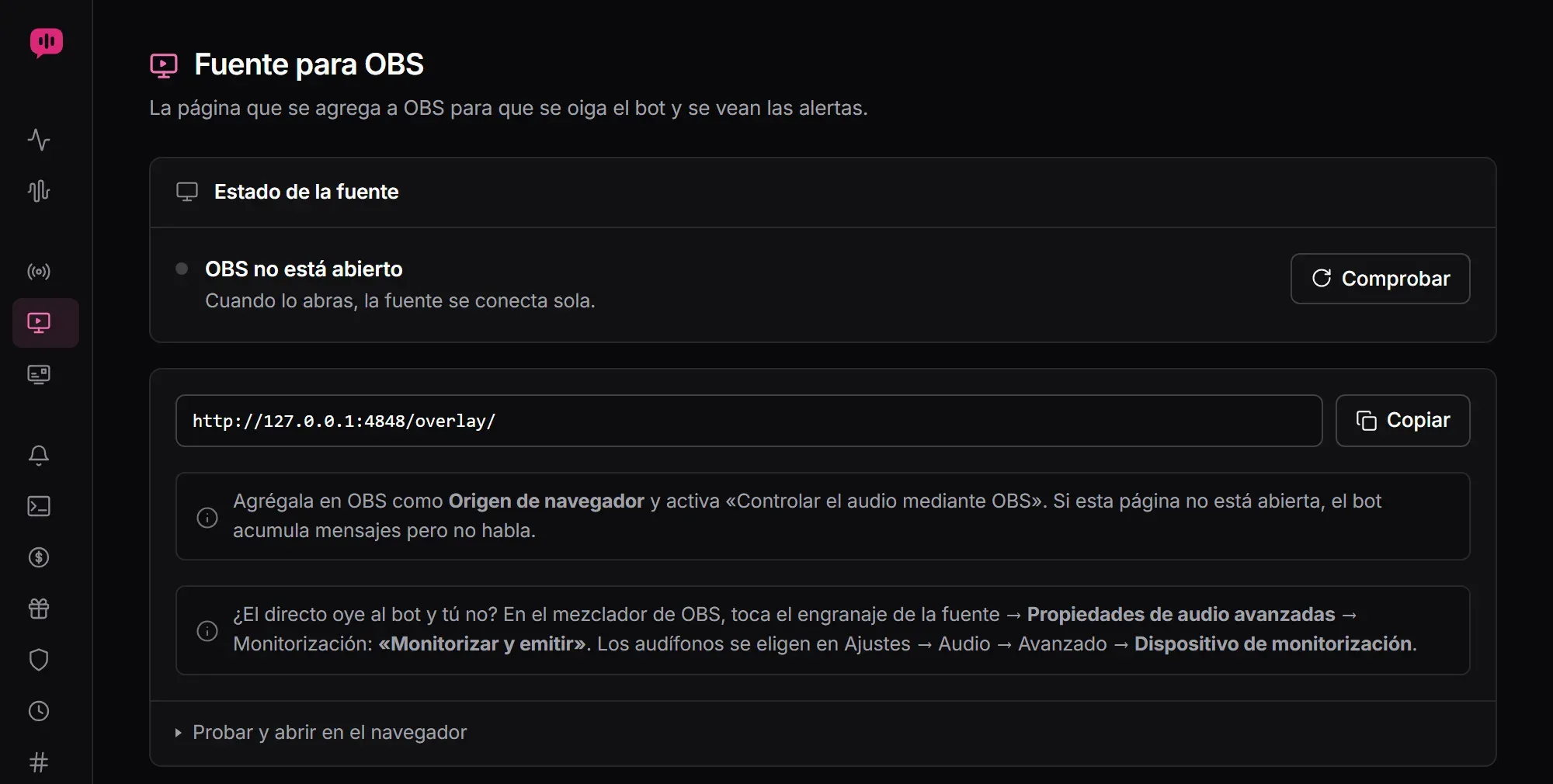 La sección Fuente para OBS de Lauxi Studio: el estado de la fuente, la dirección http://127.0.0.1:4848/overlay/ con el botón Copiar y las notas para OBS