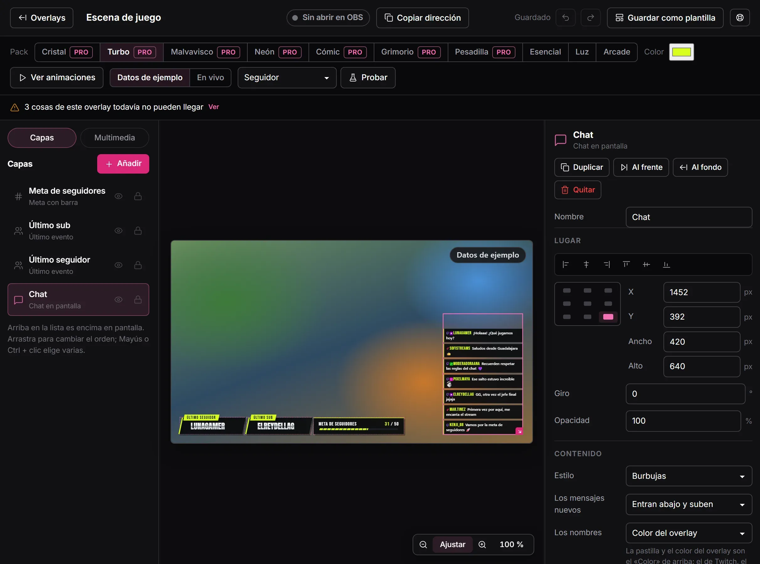 El editor de overlays de Lauxi Studio: arriba los packs y el color, a la izquierda las capas, en el centro el lienzo con el chat y las placas del último seguidor y el último sub, y a la derecha las propiedades del chat