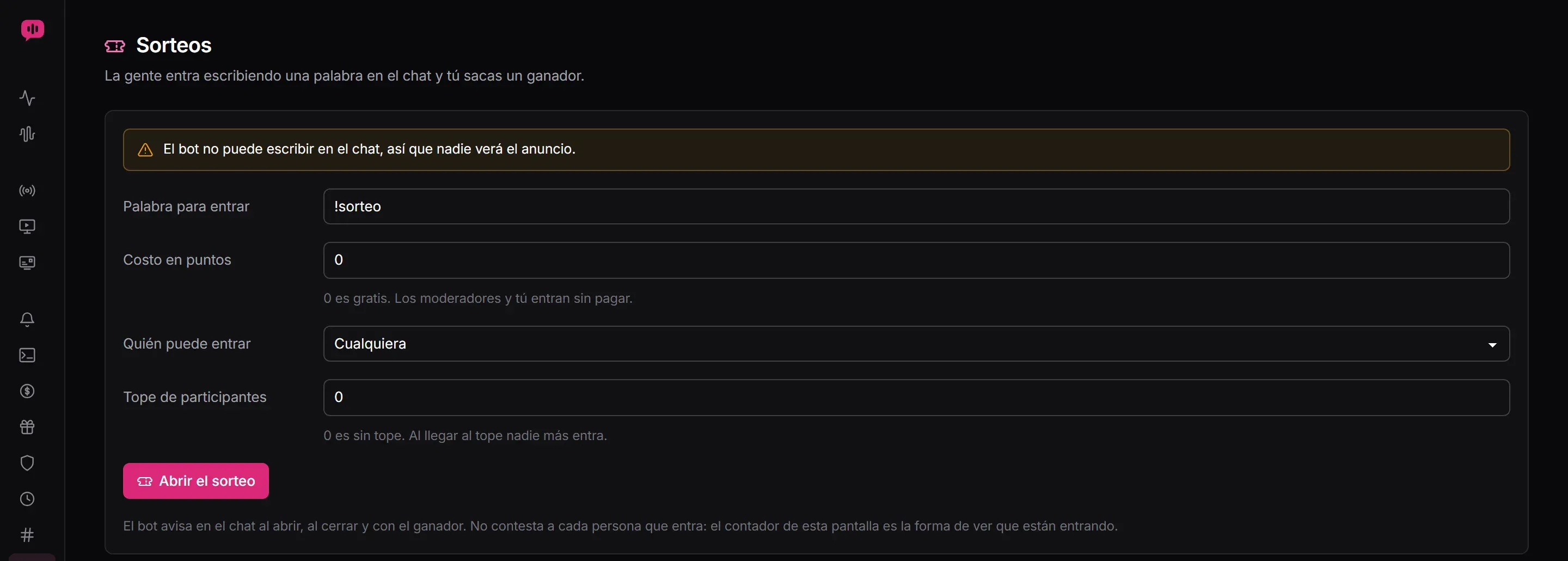 La sección Sorteos de Lauxi Studio: la palabra para entrar !sorteo, el costo en puntos, quién puede entrar, el tope de participantes y el botón Abrir el sorteo