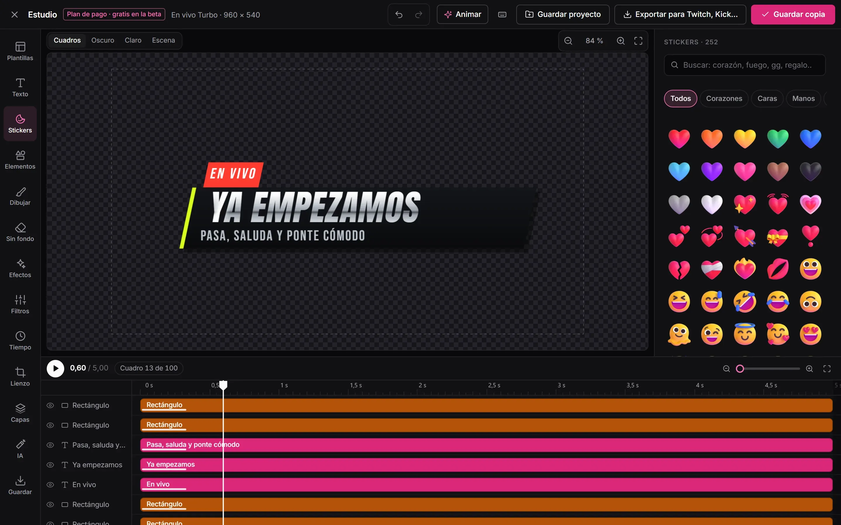 El Estudio con la pantalla «Ya empezamos» del pack Turbo y el panel de 252 stickers, con buscador y categorías
