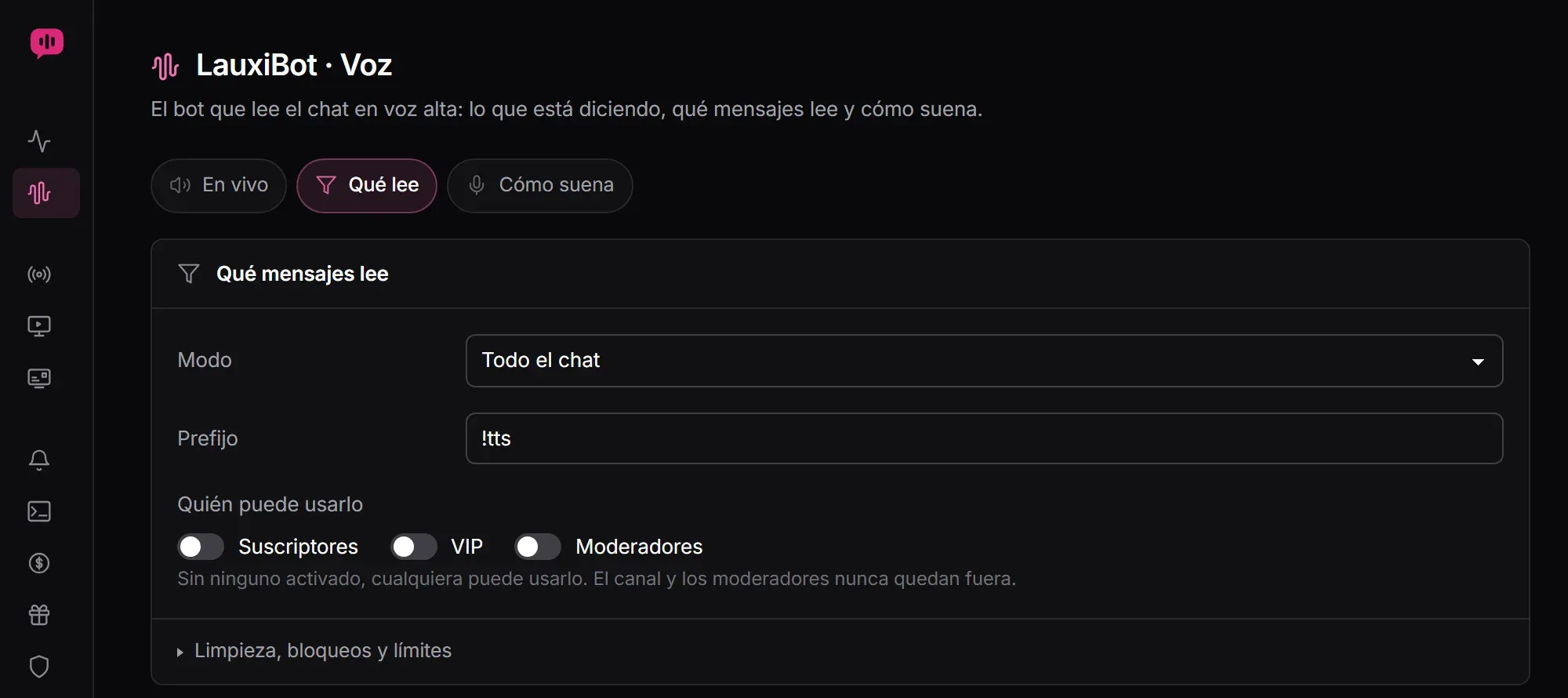La pestaña Qué lee de LauxiBot · Voz: el modo Todo el chat, el prefijo !tts y quién puede usarlo, con suscriptores, VIP y moderadores